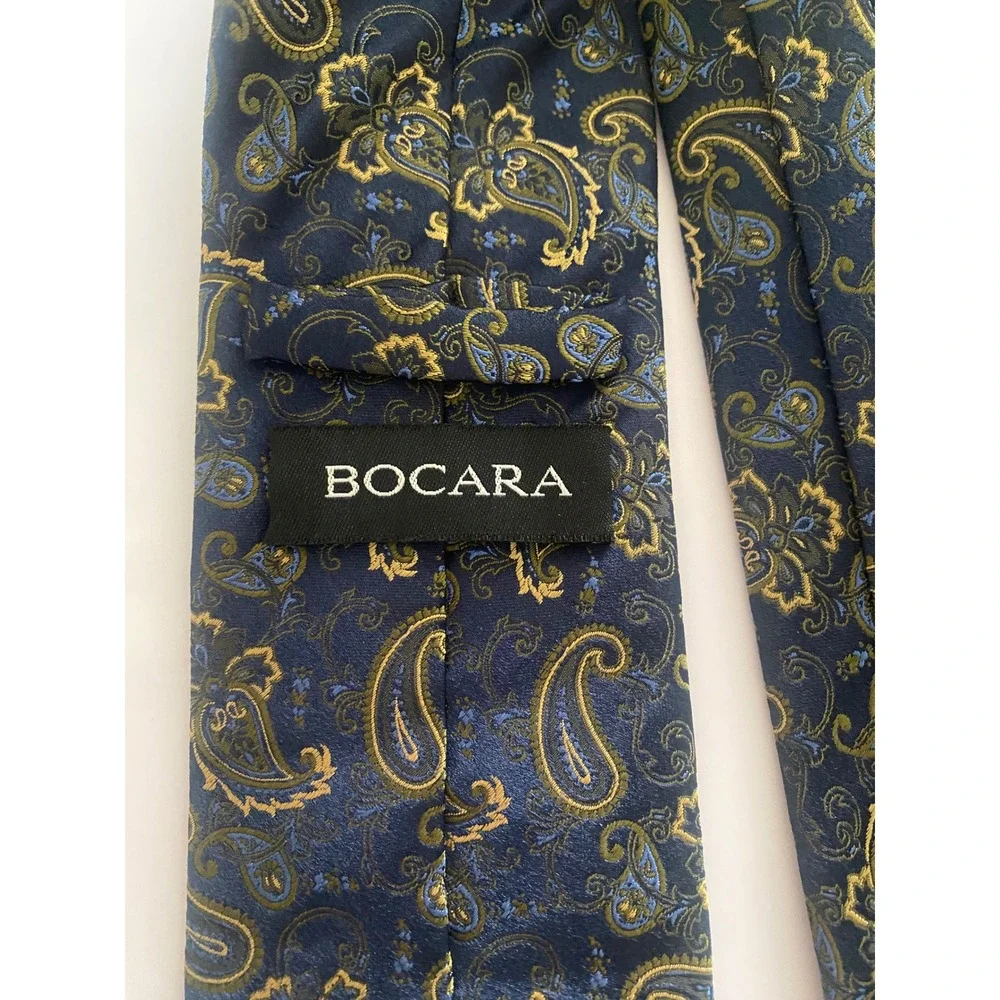 BOCARA Mens Silk‎ Tie Navy Blue Gold Paisley Formal Necktie